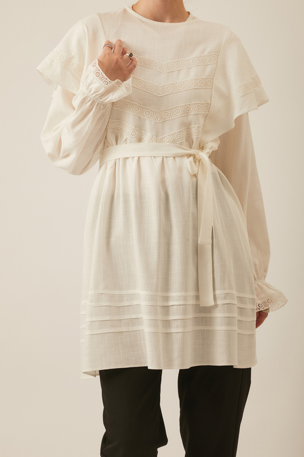 Frill Detailed Lace Tunic White - 4