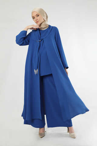 Fularlı Abaya Takım Saks - 3