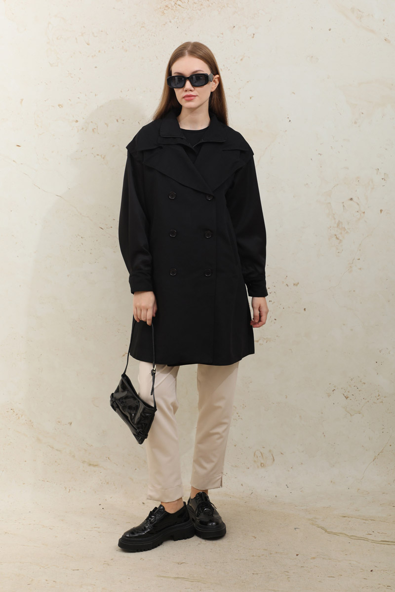 Garnili Midi Boy Trençkot Siyah