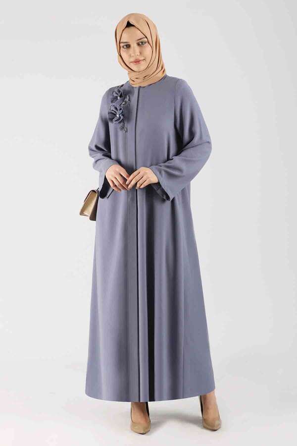 Zulays - Gül Detaylı Abaya Füme