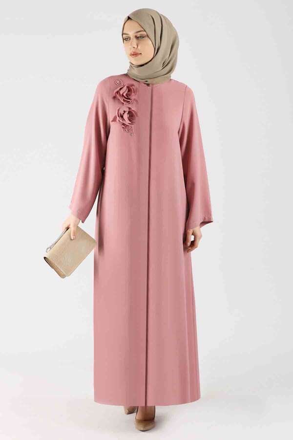 Zulays - Gül Detaylı Abaya Gül Kurusu