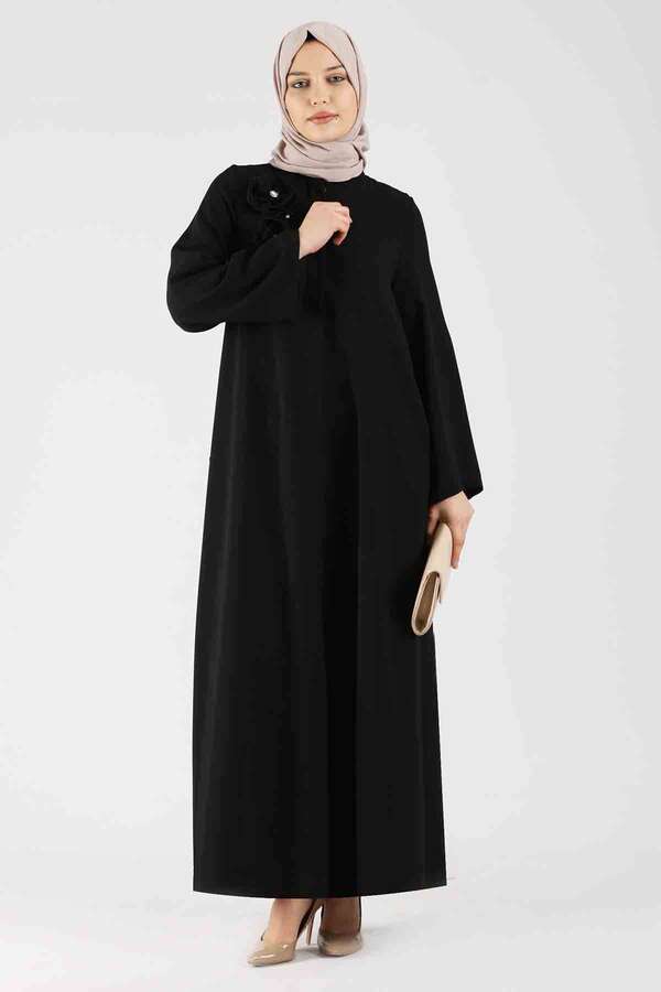 Zulays - Gül Detaylı Abaya Siyah