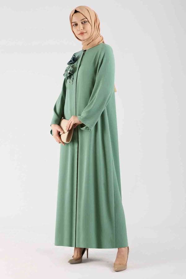Zulays - Gül Detaylı Abaya Yeşil
