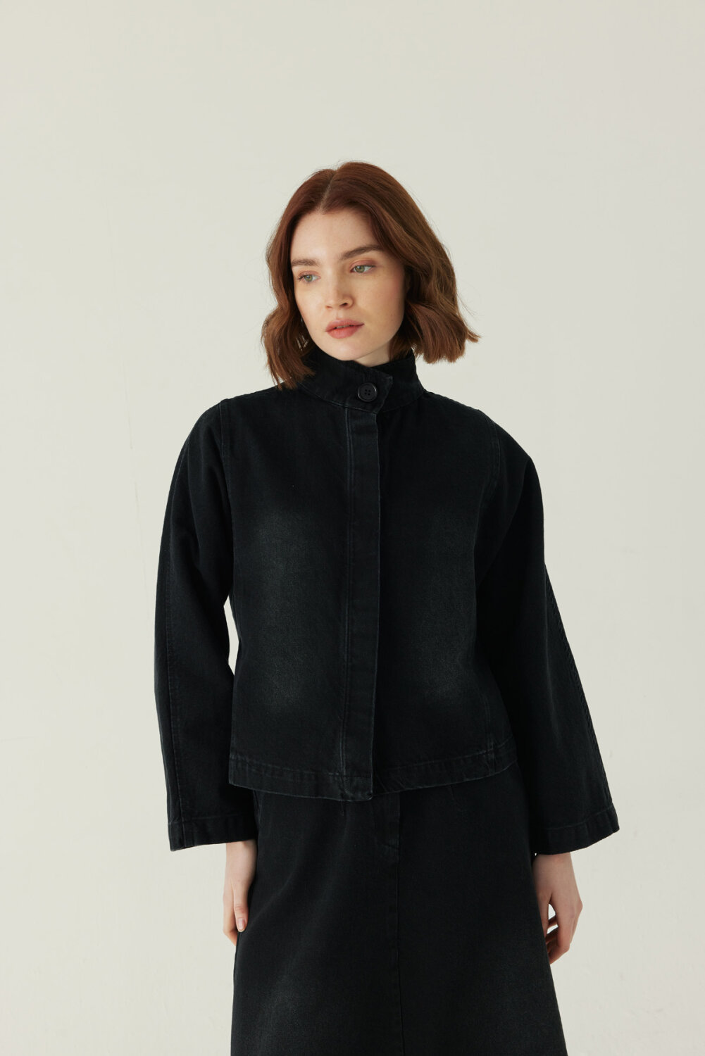High Collar Denim Jacket Black - 1