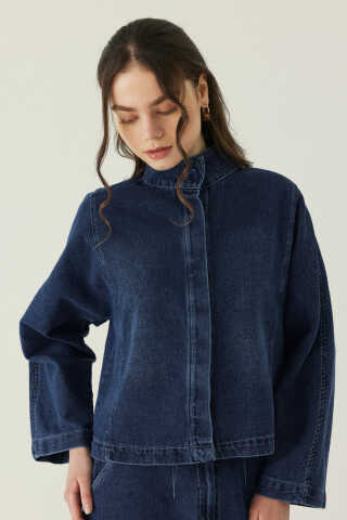 High Collar Denim Jacket Blue - 1