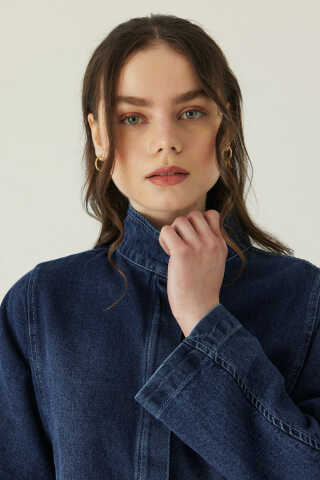 High Collar Denim Jacket Blue - 2