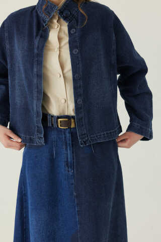 High Collar Denim Jacket Blue - 4