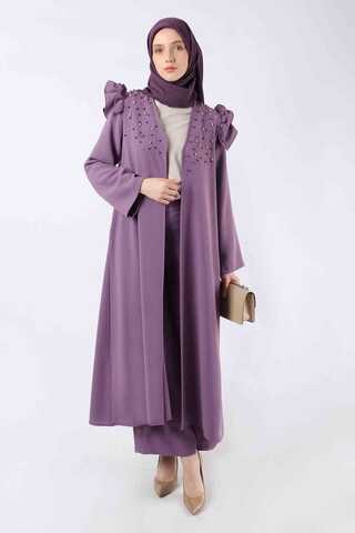 Zulays - İnci İşlemeli Abaya Takım Lila