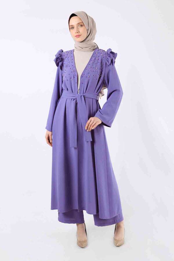 Zulays - İnci İşlemeli Abaya Takım Mavi
