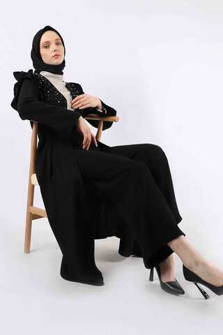 Zulays - İnci İşlemeli Abaya Takım Siyah