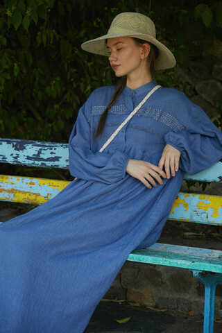 Indigo Lace Yoke Dress - 8