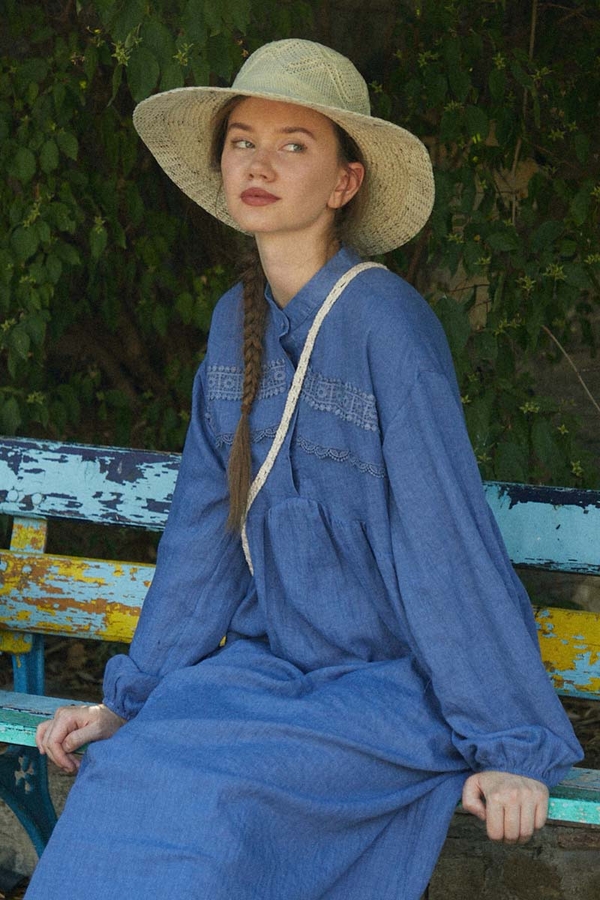 Indigo Lace Yoke Dress - 10