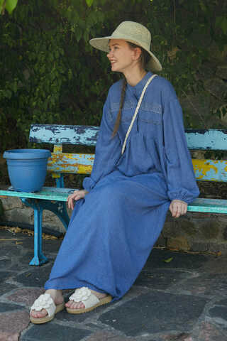 Indigo Lace Yoke Dress - 12