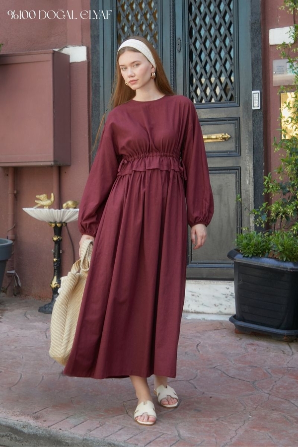 Iynem Linen Dress Burgundy - 1