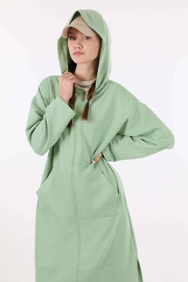 Fermuarlı Cepli Uzun Hırka Mint | Zülays