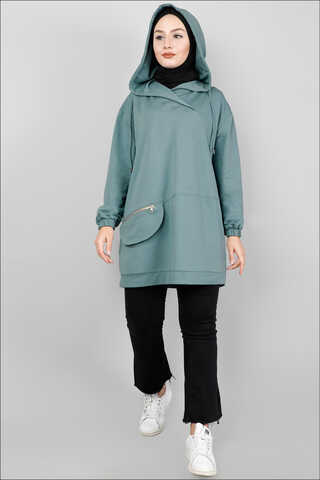 Zulays - Kapüşonlu Cep Detaylı Sweatshirt Mint