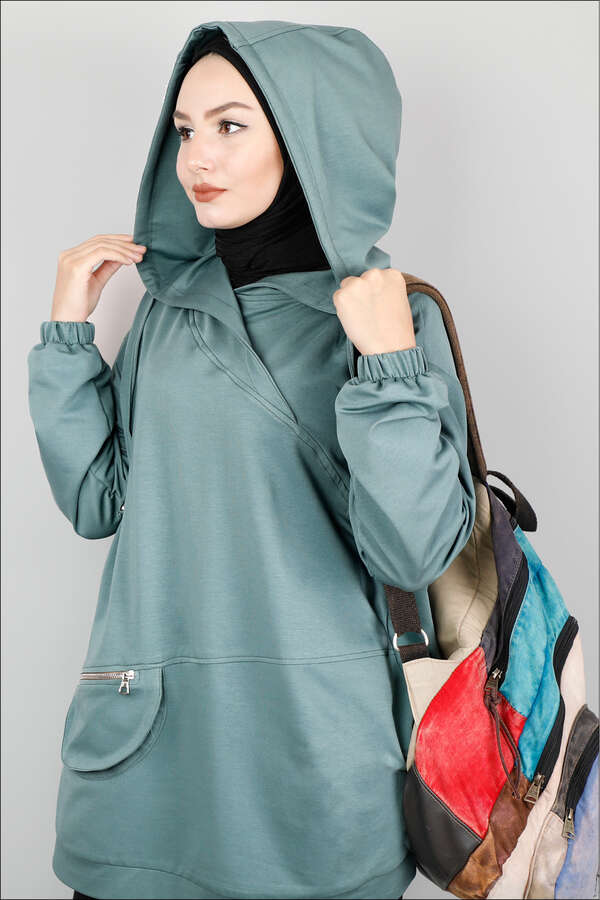 Kapüşonlu Cep Detaylı Sweatshirt Mint
