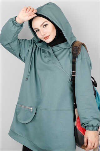 Kapüşonlu Cep Detaylı Sweatshirt Mint - Thumbnail