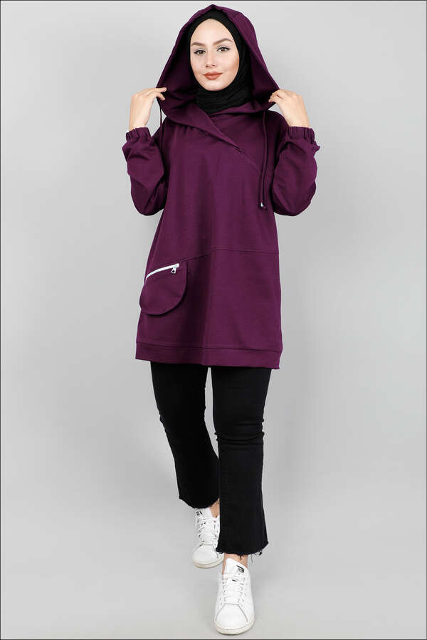 Kapüşonlu Cep Detaylı Sweatshirt Mor