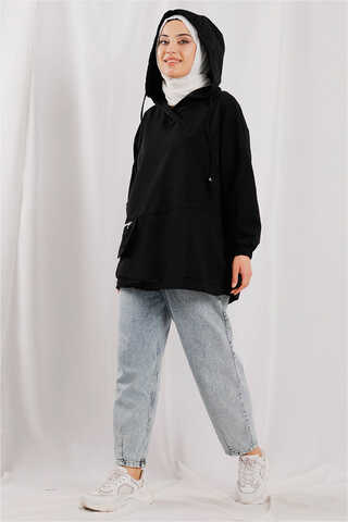 Zulays - Kapüşonlu Cep Detaylı Sweatshirt Siyah