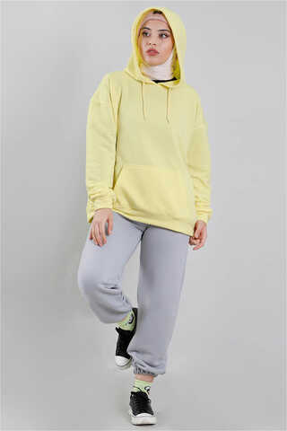 Zulays - Kapüşonlu Oversize Sweat Limon Sarısı