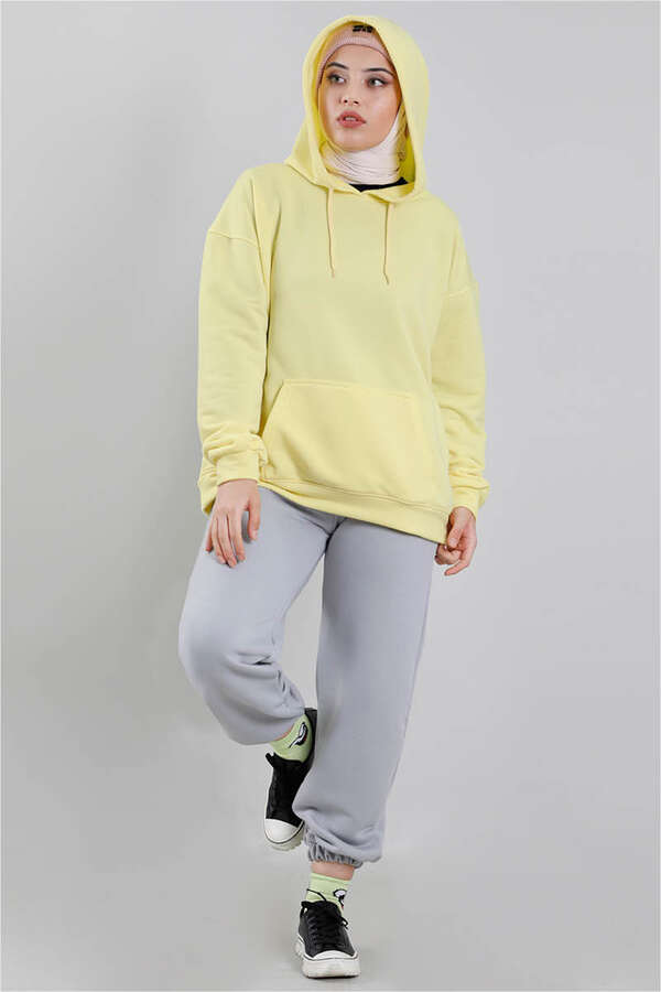 Zulays - Kapüşonlu Oversize Sweat Limon Sarısı
