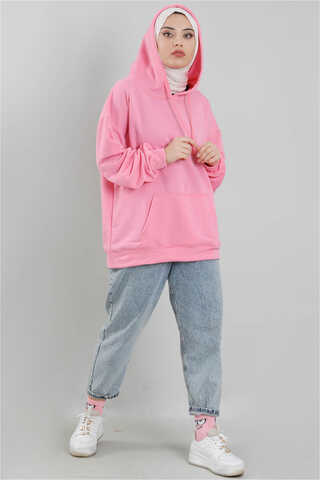 Zulays - Kapüşonlu Oversize Sweat Pembe