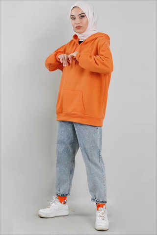 Kapüşonlu Oversize Sweat Turuncu - Thumbnail