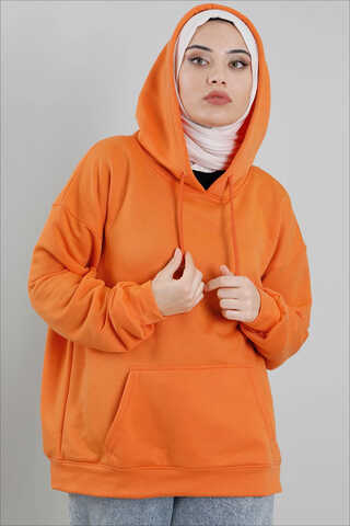 Kapüşonlu Oversize Sweat Turuncu - Thumbnail