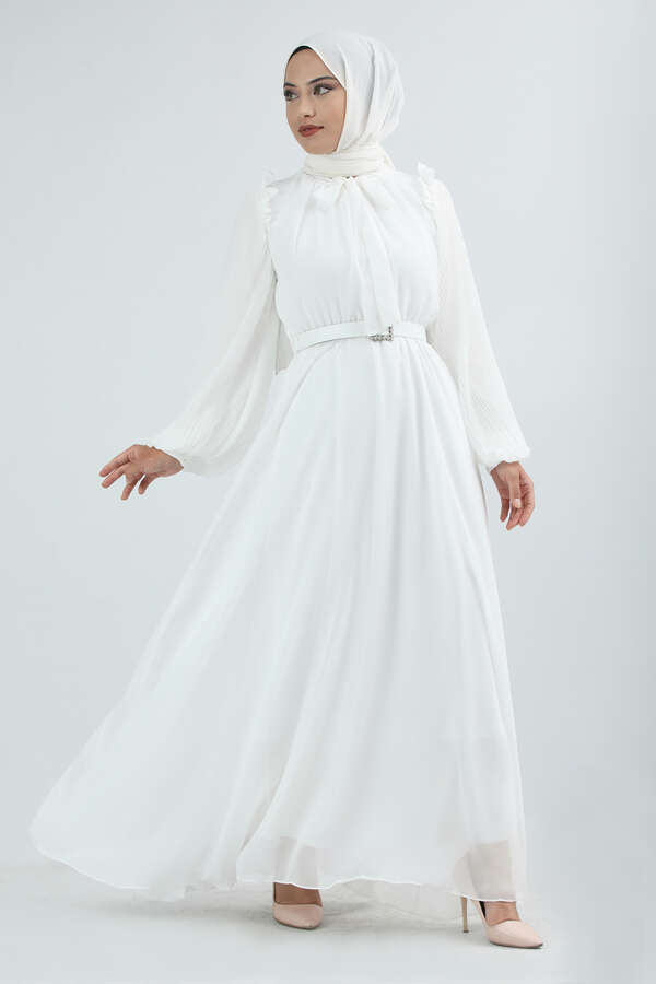 Zulays - Kemeri Taşlı Elbise Beyaz