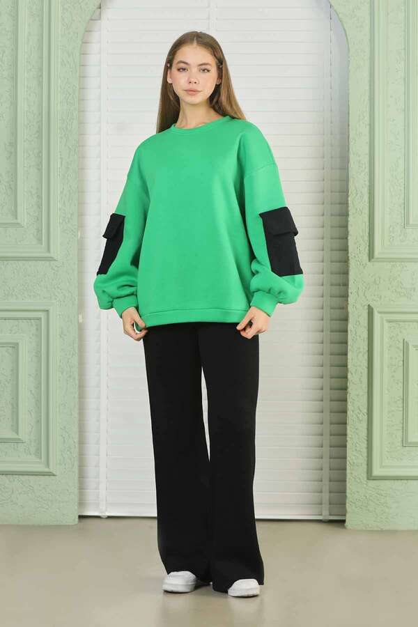 Zulays - Kolları Cepli Oversize Sweat Yeşil