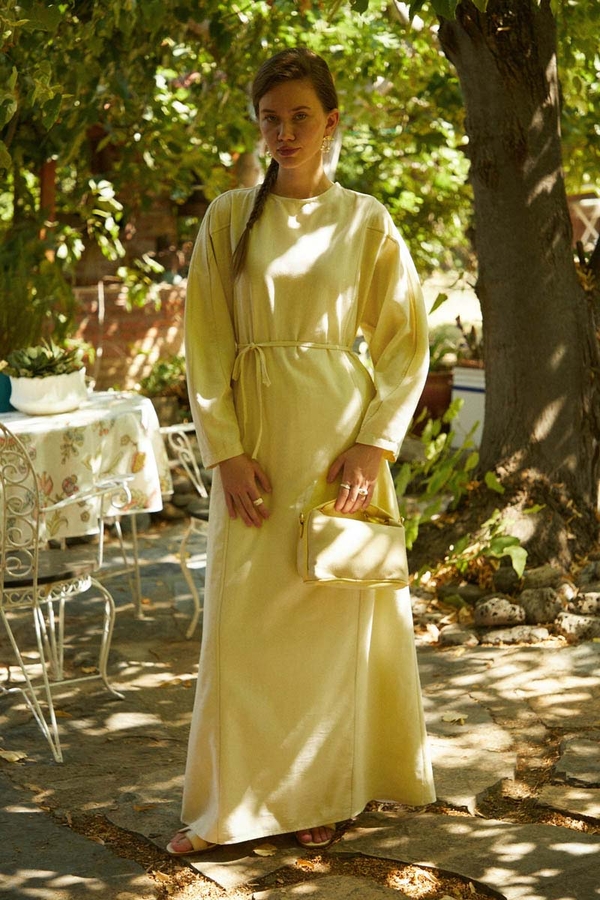 Kontrast Dikişli Keten Elbise Tereyağı Sarısı - 1