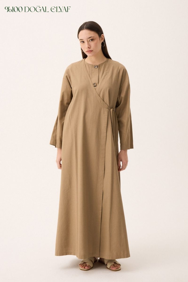 Kruvaze Dehna Abaya Takım Camel 