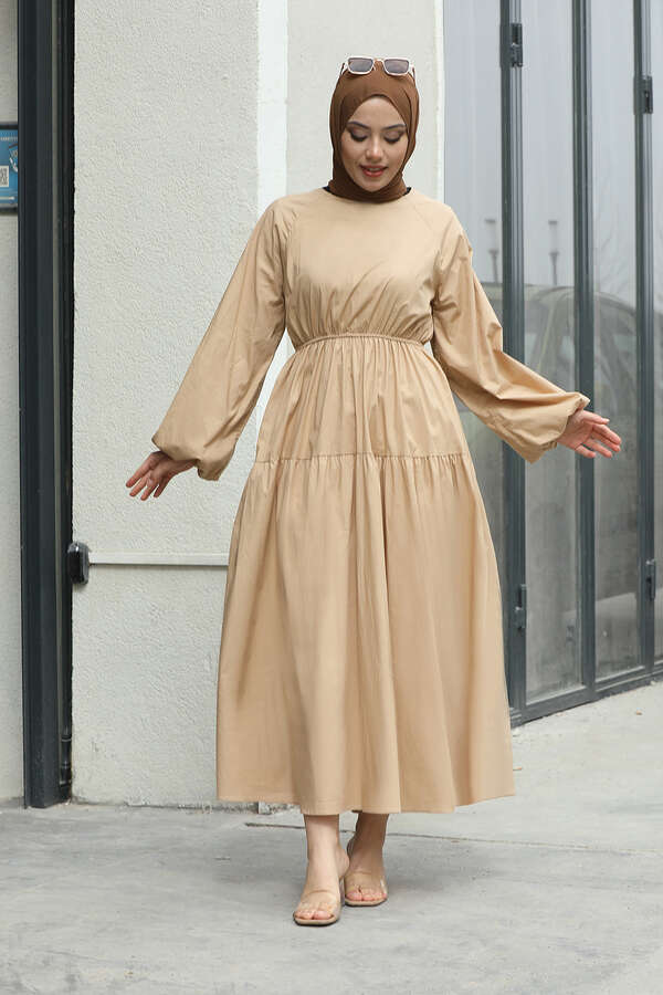 Zulays - Lastikli Poplin Elbise Camel