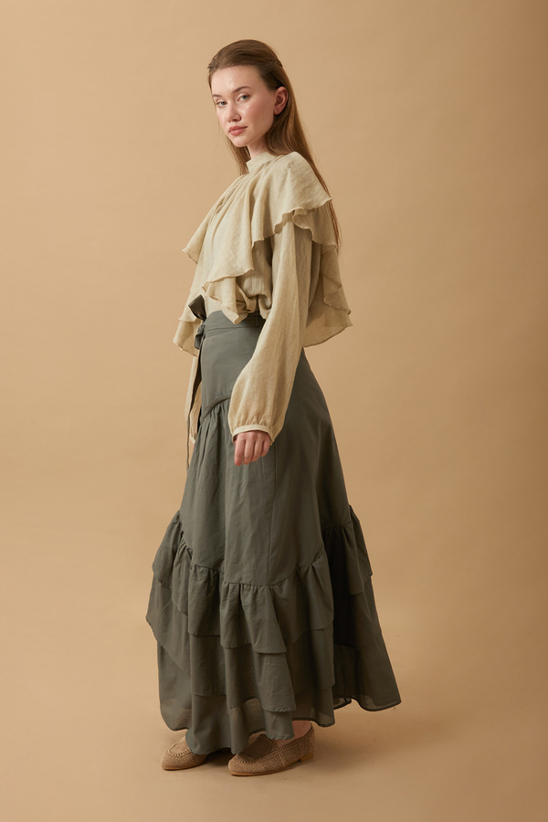 Layered Gathered Skirt Khaki - 5