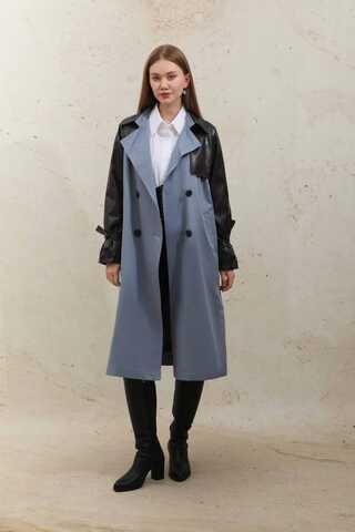 Zulays - Leather Detailed Trench Coat Blue