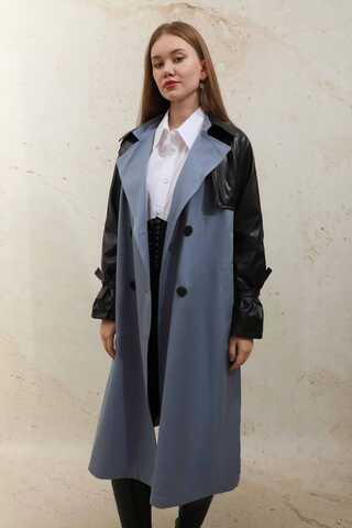 Leather Detailed Trench Coat Blue - 4