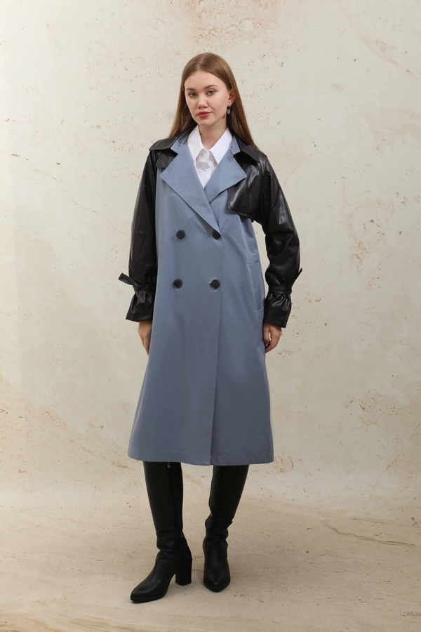 Leather Detailed Trench Coat Blue - 5