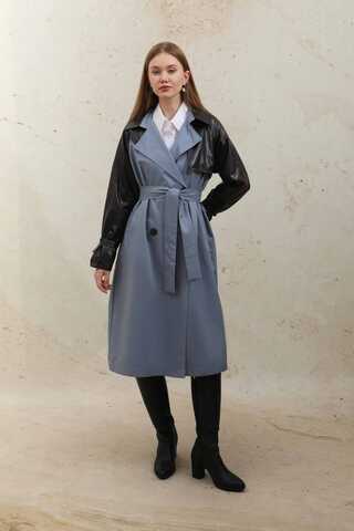 Leather Detailed Trench Coat Blue - 6