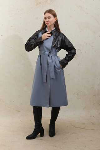 Leather Detailed Trench Coat Blue - 8