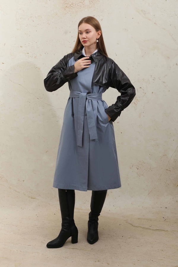 Leather Detailed Trench Coat Blue - 8