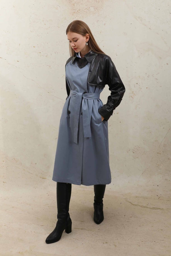 Leather Detailed Trench Coat Blue - 9