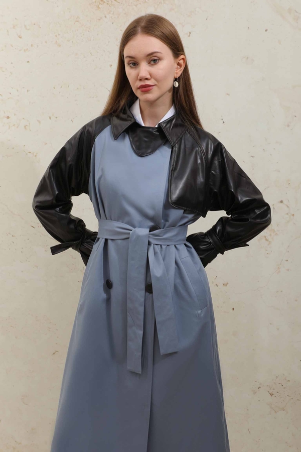 Leather Detailed Trench Coat Blue - 10