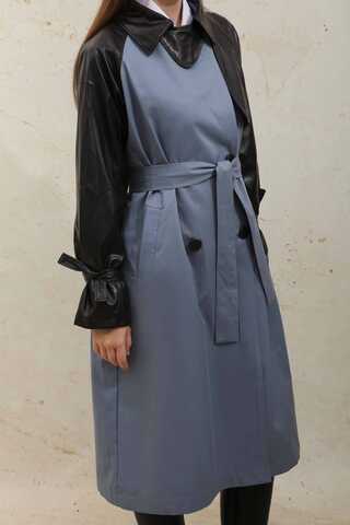 Leather Detailed Trench Coat Blue - 11