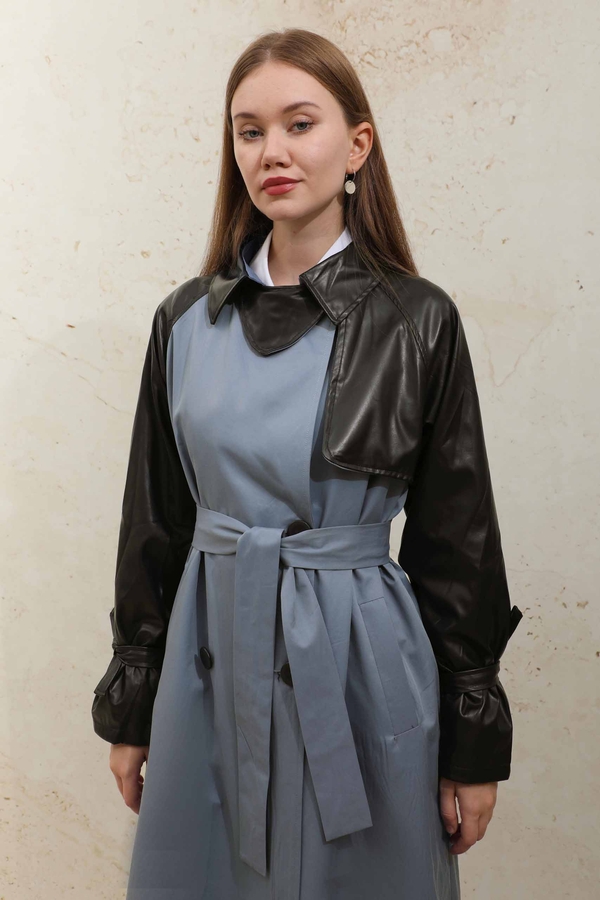 Leather Detailed Trench Coat Blue - 12