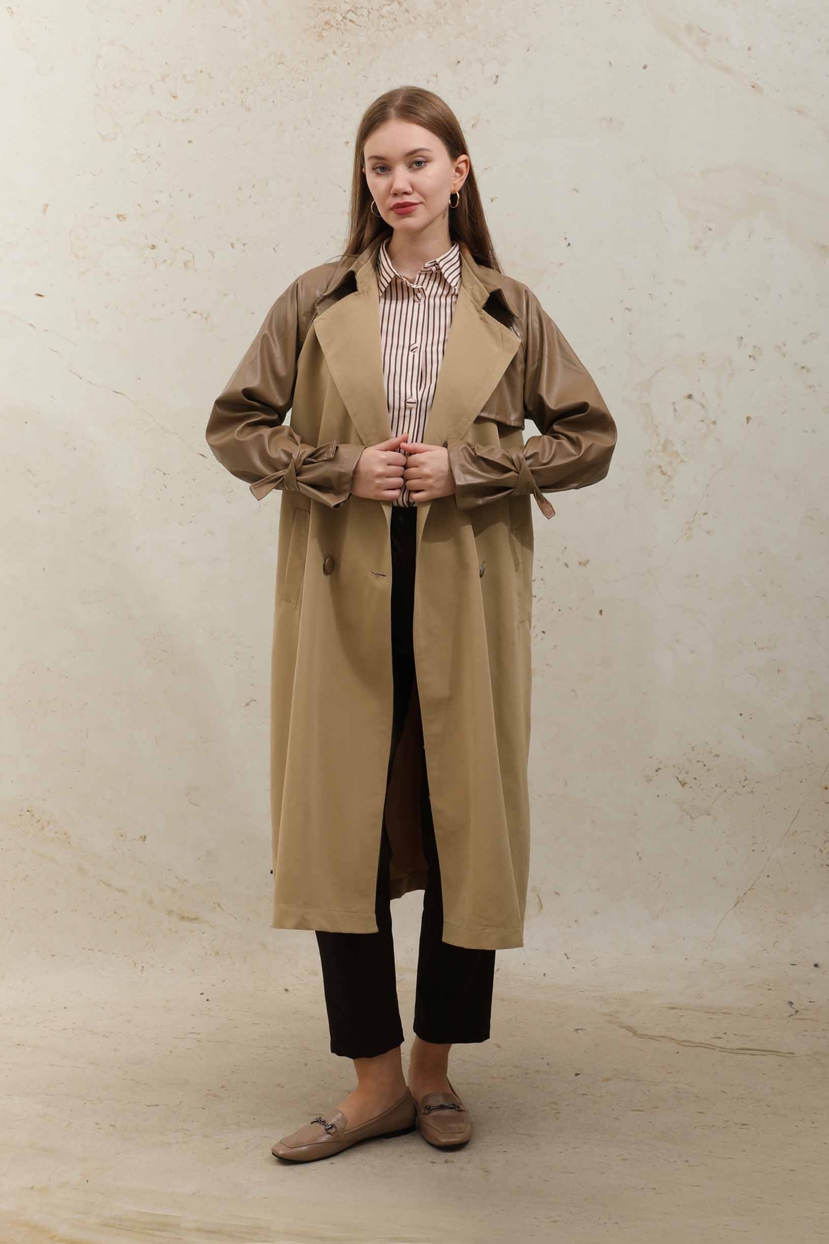 Leather Detailed Trench Coat Camel