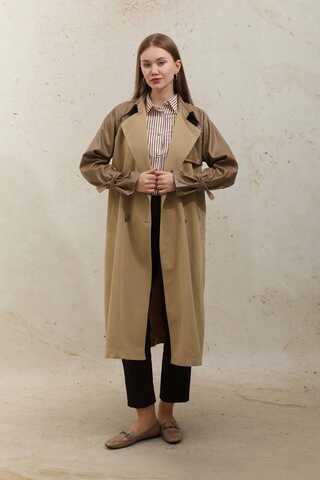 Zulays - Leather Detailed Trench Coat Camel