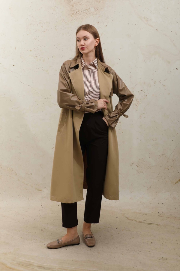 Leather Detailed Trench Coat Camel - 2