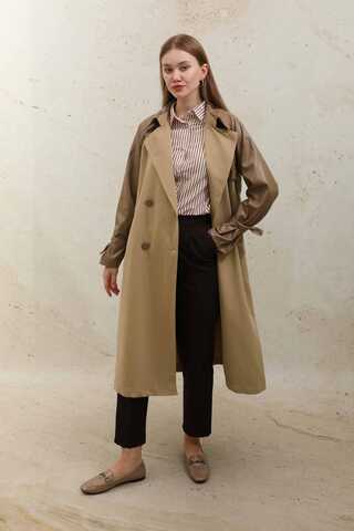 Leather Detailed Trench Coat Camel - 3