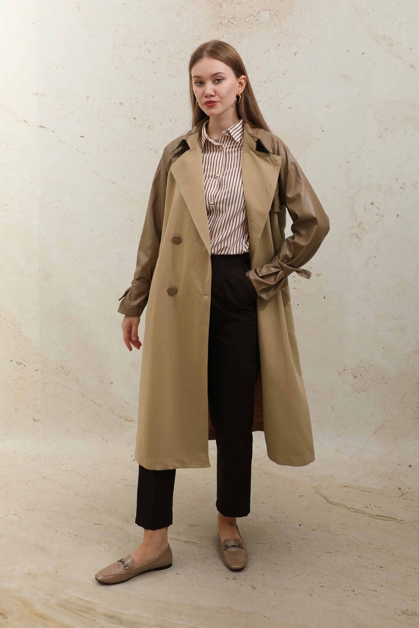 Leather Detailed Trench Coat Camel - 3